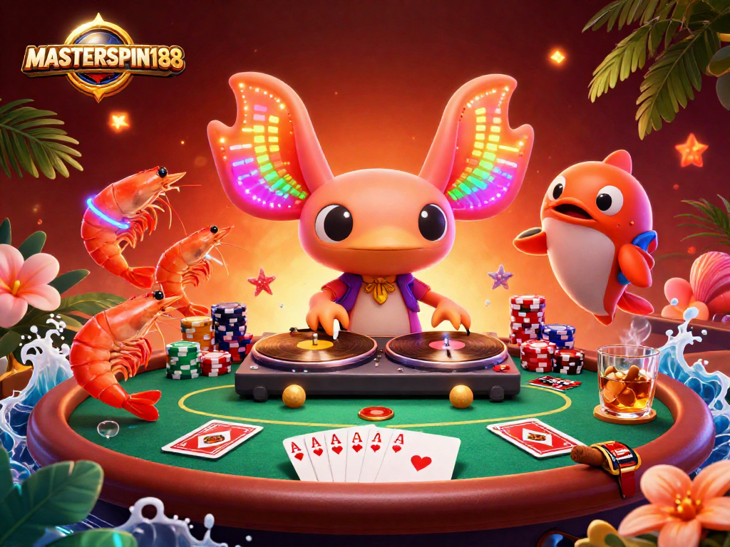 Experience vibrant excitement at MASTERSPIN188 with a neon casino scene featuring a DJ axolotl and poker elements.