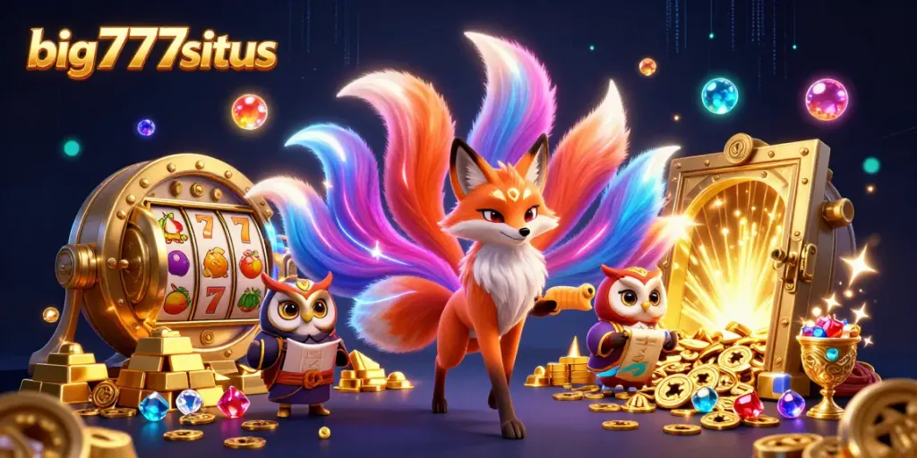 Experience the vibrant allure of big777situs through a dynamic casino scene with slots and treasures.