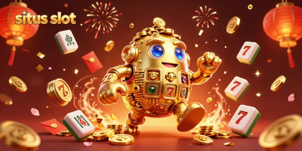Beraksi di situs slot dengan simbol mesin slot dan golem emas berkilau dalam suasana perayaan.
