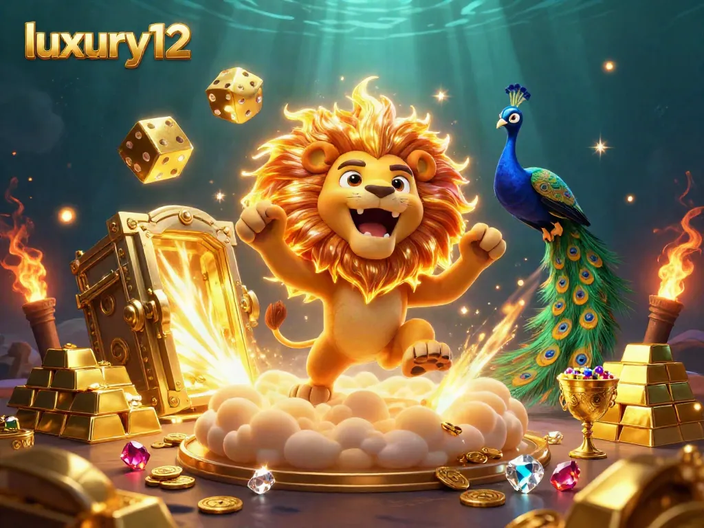 Experience luxury12 gaming excitement with dazzling golden elements and dynamic characters in this vibrant scene.