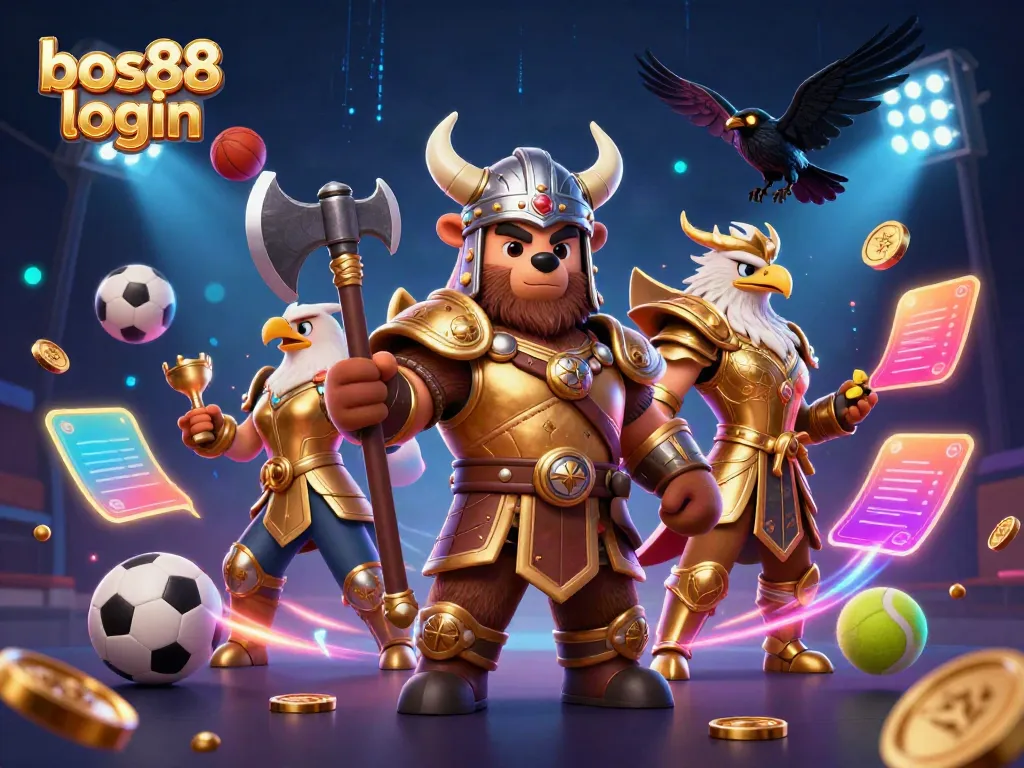 Join the fun in bos88 login: a thrilling Viking-themed casino scene with action-packed game elements.