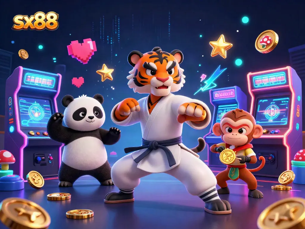 Experience the excitement of sx88 gaming with a kung fu tiger, panda, and mischievous monkey.