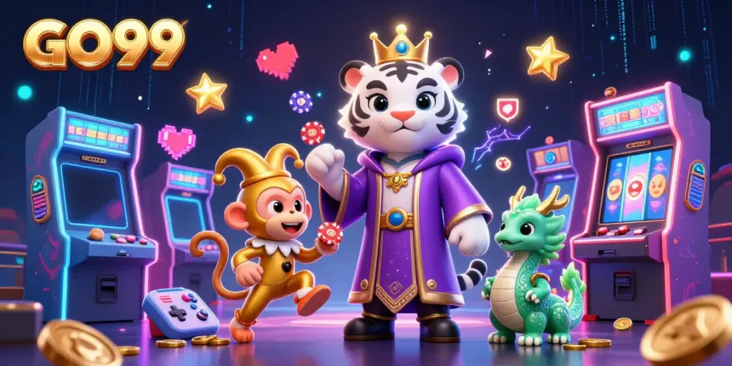 Experience the thrill of GO99 with lively characters and dynamic casino elements in an engaging illustration.