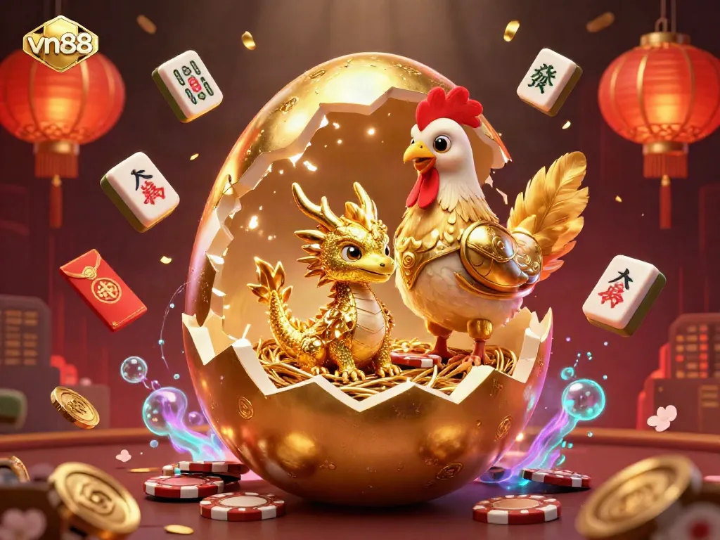 Experience winning at vn88 with a baby dragon, golden poker chips, and festive casino elements in this vibrant scene.