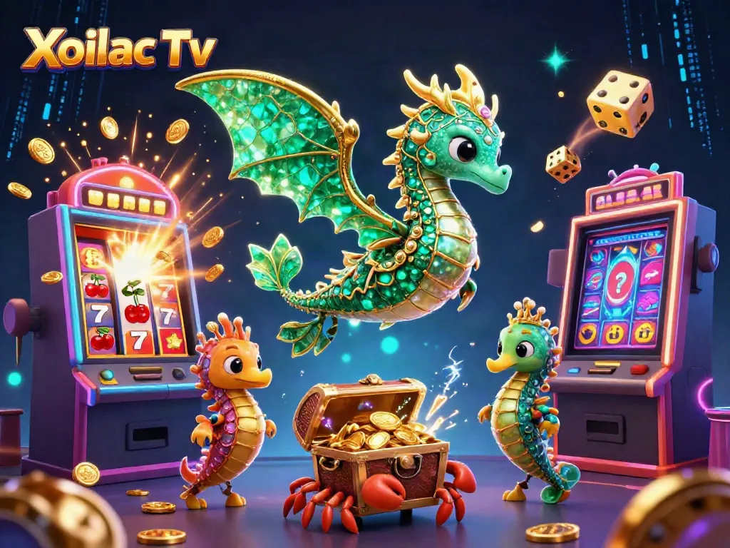 Experience exhilarating gaming action with Xoilac Tv's vibrant 3D illustration showcasing dynamic characters and a jackpot explosion.