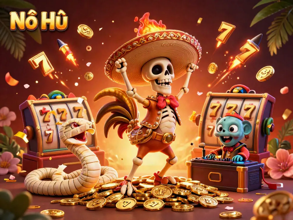 Experience the thrill of Nổ Hũ with a vibrant illustration showcasing jackpot excitement and bold characters.