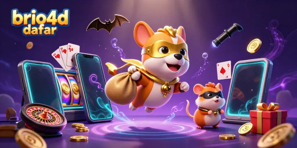 Engage in thrilling gameplay with brio4d daftar, featuring a heroic dog and a hamster amidst vibrant casino symbols.
