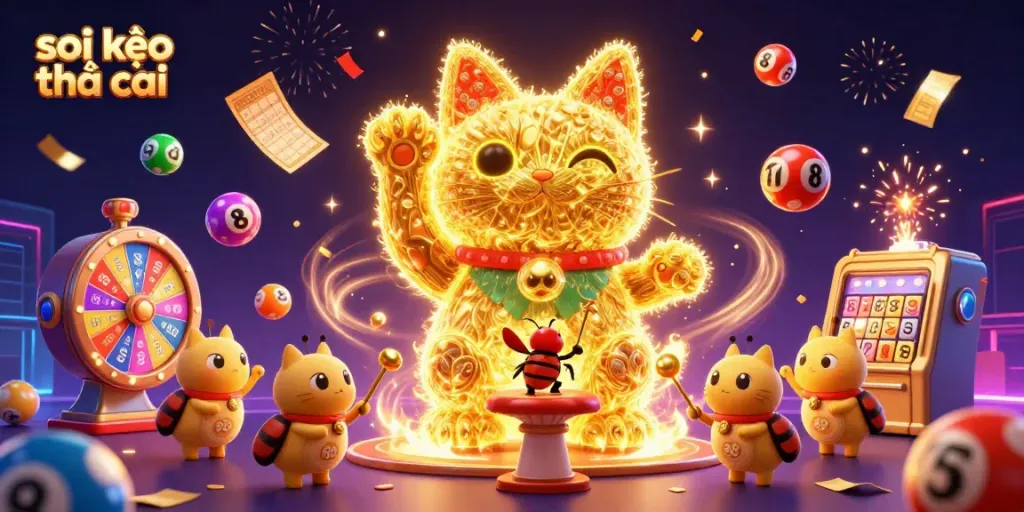 Soi kèo nhà cái captures the vibrant energy of casino symbols in a dynamic 3D illustration.
