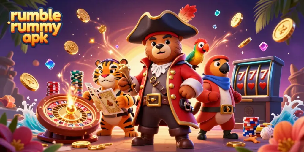 Play thrilling games like rumble rummy apk with a vibrant 3D cartoon scene depicting characters and casino elements.