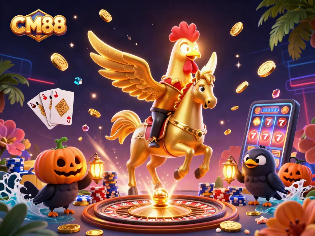 Experience the thrill of CM88 casino gaming with a golden rooster character and vibrant gambling elements.