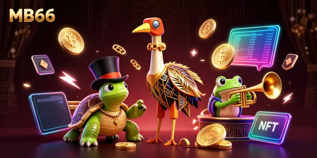 Engage with MB66 through a vibrant 3D scene showcasing gaming excitement and cryptocurrency.