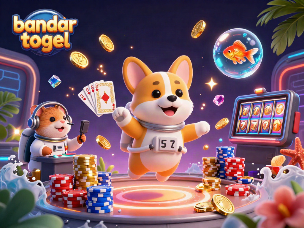 Engage in bandar togel with a vibrant casino space scene showcasing gamblers and floaty elements.