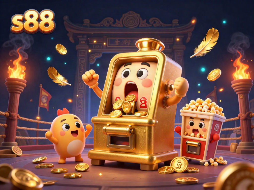 s88 jackpot celebration with a cartoon golden slot machine showering coins while being cheered by companions.