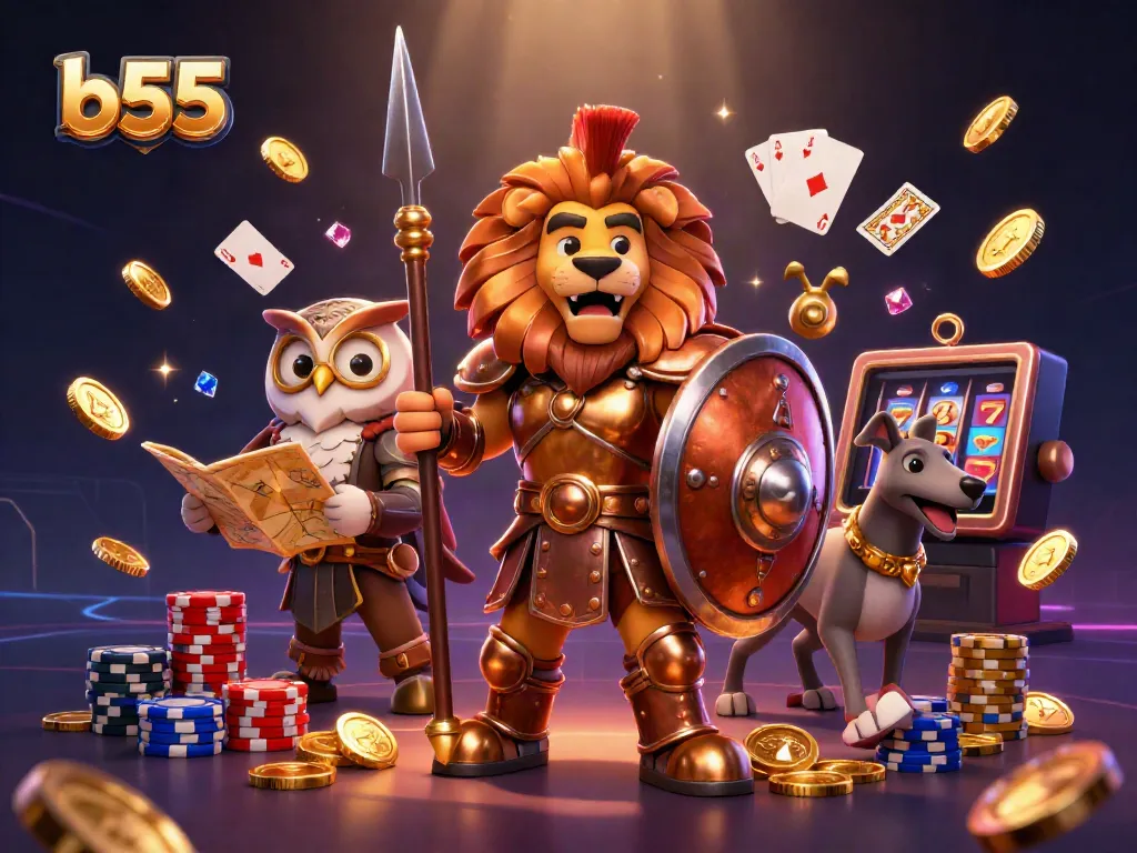 Experience the excitement of b55 with a Spartan lion, owl strategist, and greyhound in a vibrant casino scene.
