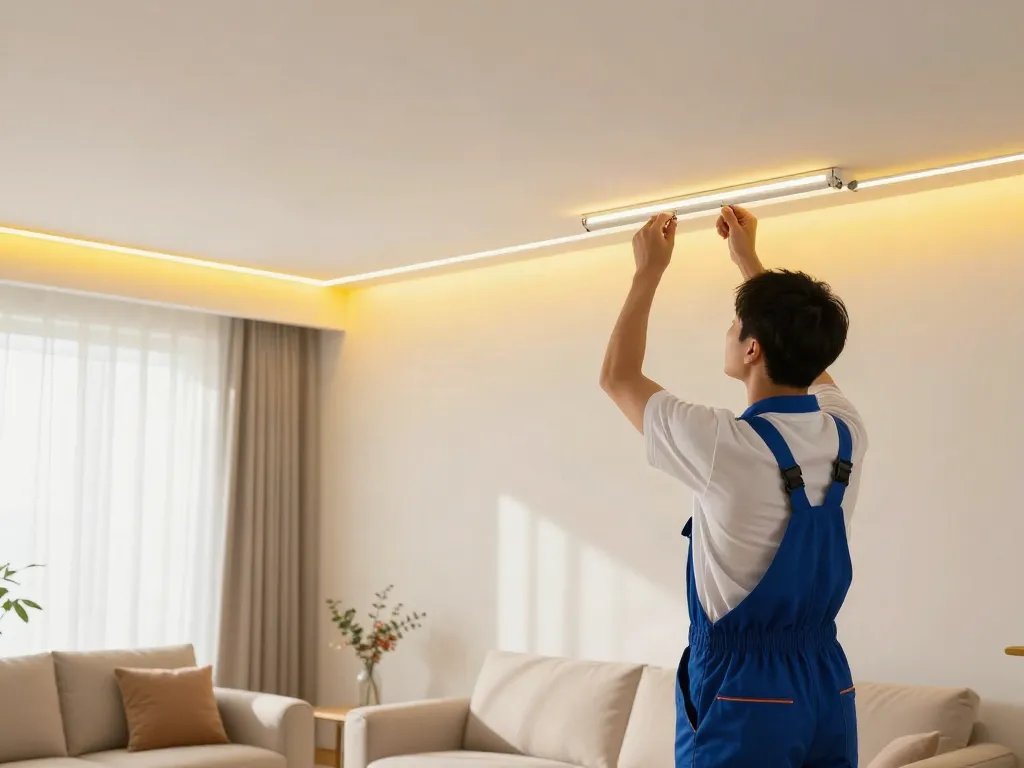 Instalare profesională a benzii LED în living room de la un furnizor de servicii de încredere.