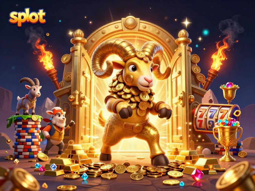 Putaran slot menarik dengan karakter domba emas dan kekayaan, memikat untuk permainan kasino.