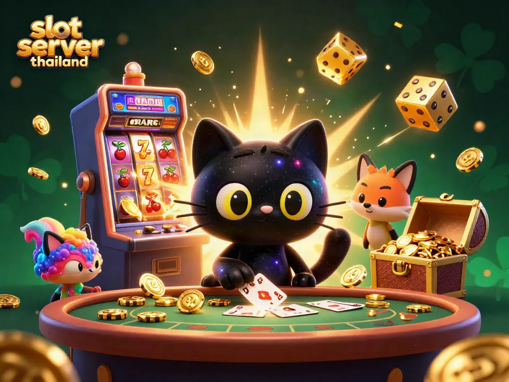 Experience the excitement of slot server thailand with a cosmic cat pulling in golden chips at a vibrant casino table.