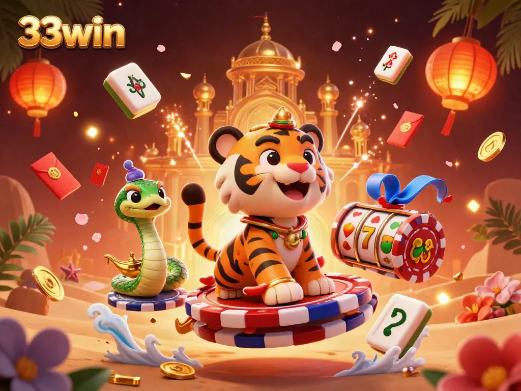 Engage with 33win’s vibrant casino world featuring a sultan on a carpet of poker chips.