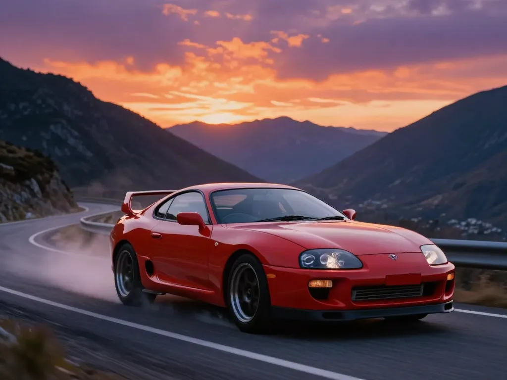 Driving the A80 platform, a Toyota Supra A80 on a mountain road during sunset, showcasing performance and adventure.