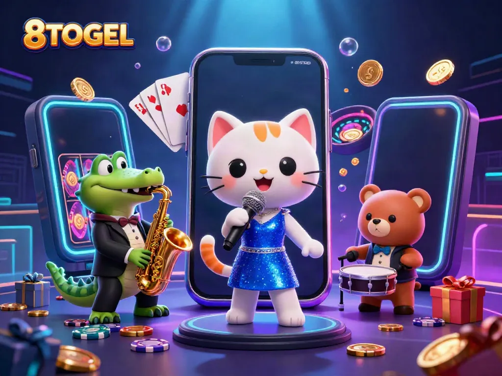 Experience the excitement of 8TOGEL with vibrant 3D characters celebrating casino games.
