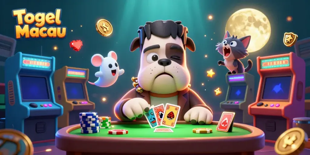 Togel Macau features a lively scene with a monstrous dealer and playful characters at a casino.