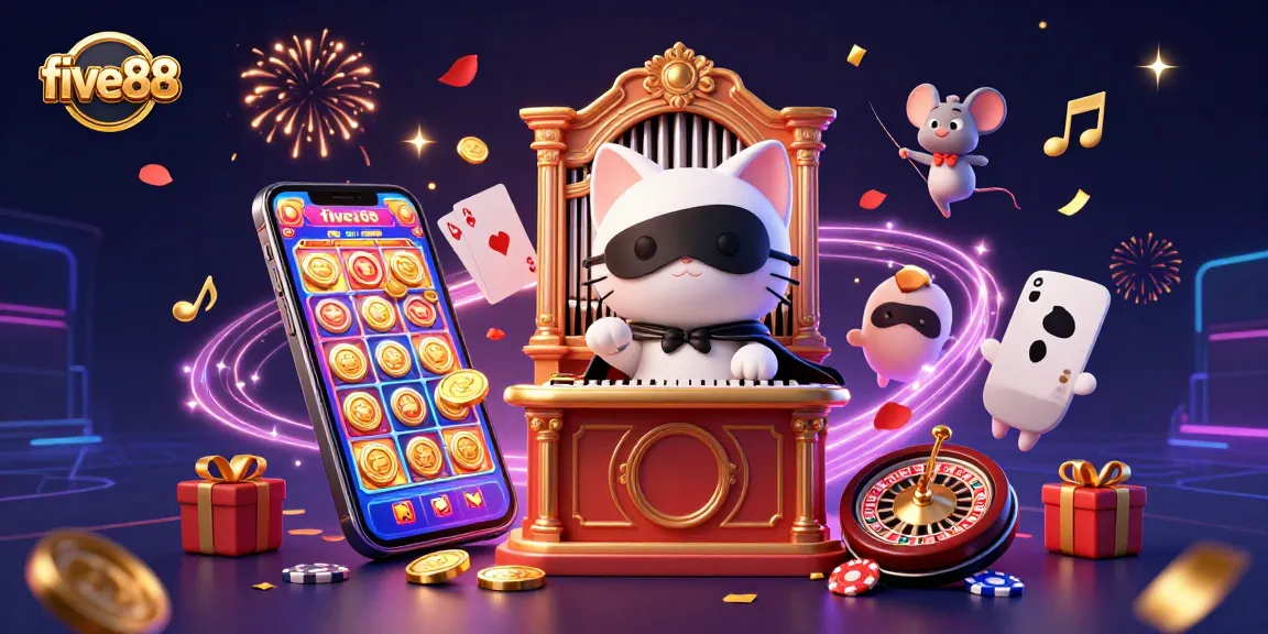 Experience the excitement of five88 with animated characters and vibrant casino elements in a lively digital scene.