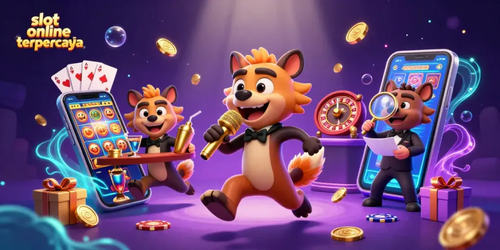 Experience slot online terpercaya with vibrant 3D hyena characters in a dynamic casino scene.