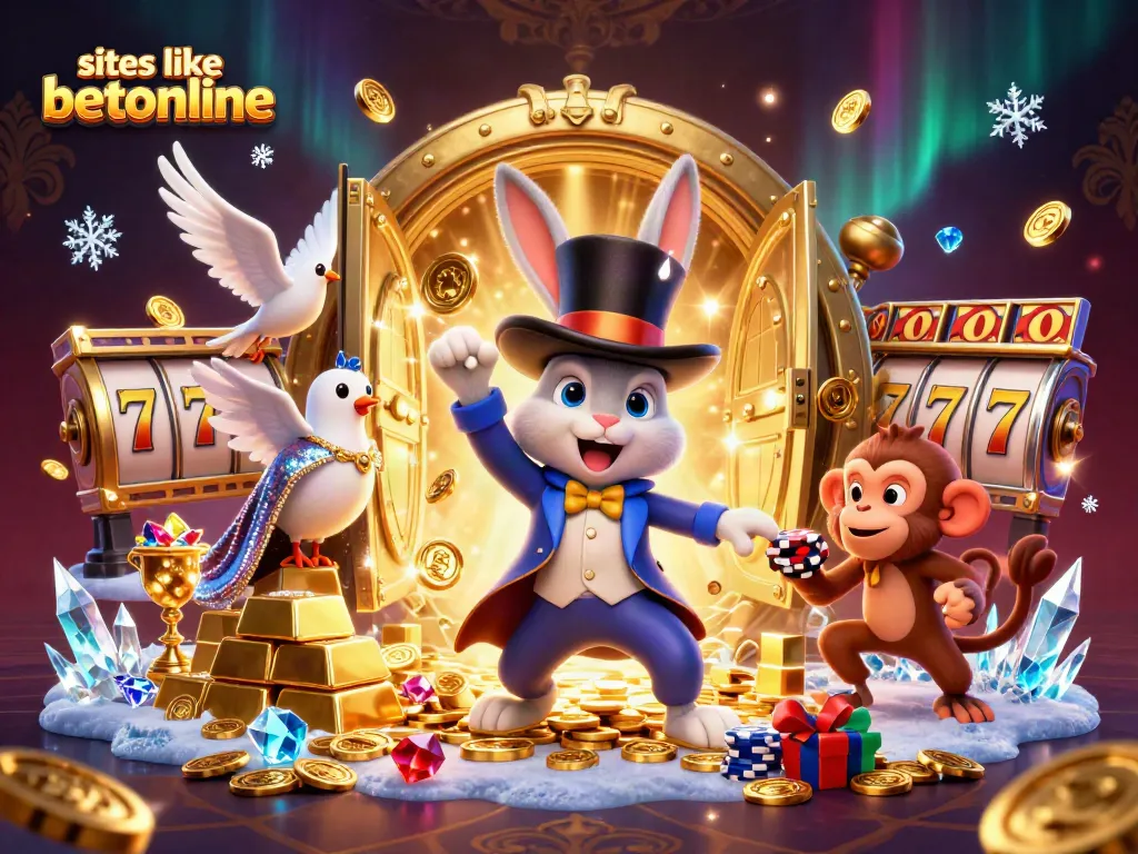 Experience thrilling gameplay with sites like betonline featuring cartoon characters, slot reels, and dazzling treasures.