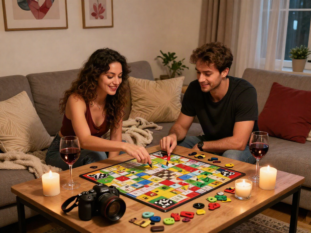 Couple playing sex games together in a cozy, romantic setting, enjoying wine and game pieces.