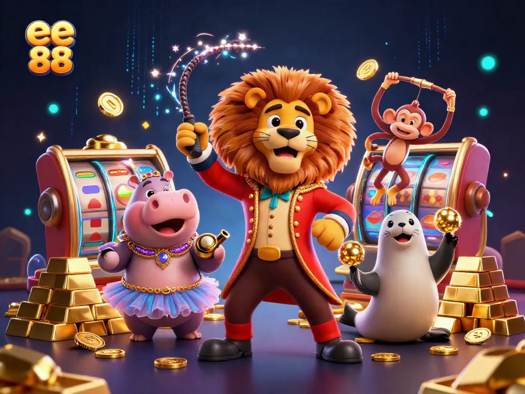 Engage with the vibrant action of ee 88, featuring a lively 3D scene with casino characters and gaming treasures.