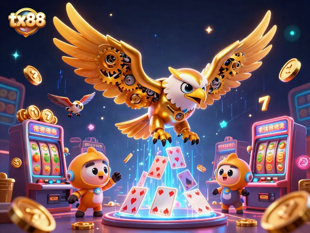 Experience the thrill of tx88 with a golden eagle diving through vibrant casino elements in this dynamic illustration.