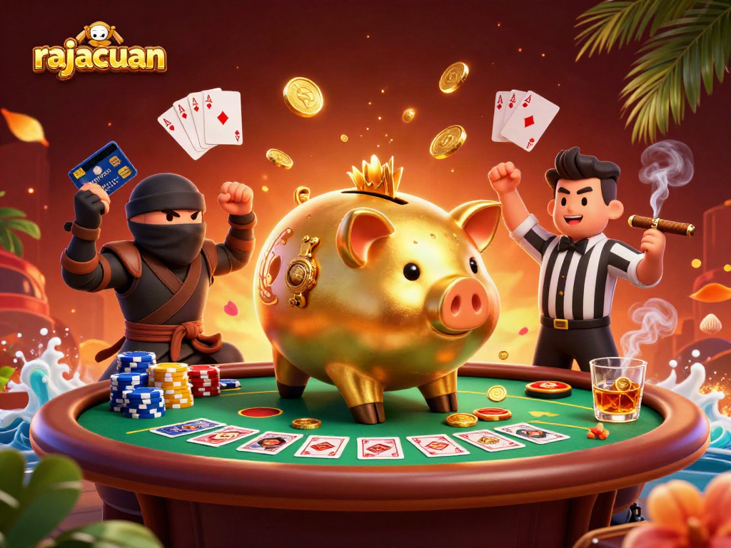 Engage in thrilling gameplay with rajacuan's dynamic casino scene, featuring vibrant characters and poker elements.