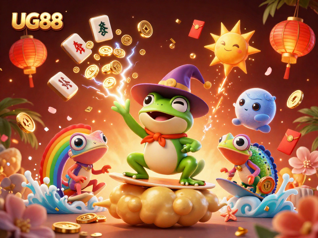 Join the excitement at UG88 as the cartoon wizard frog conjures golden coins amid a vibrant casino scene.