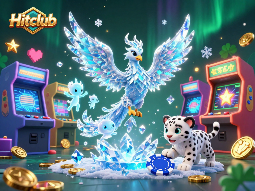 Hitclub welcomes gamblers with vibrant visuals showcasing an ice phoenix and lively casino elements.