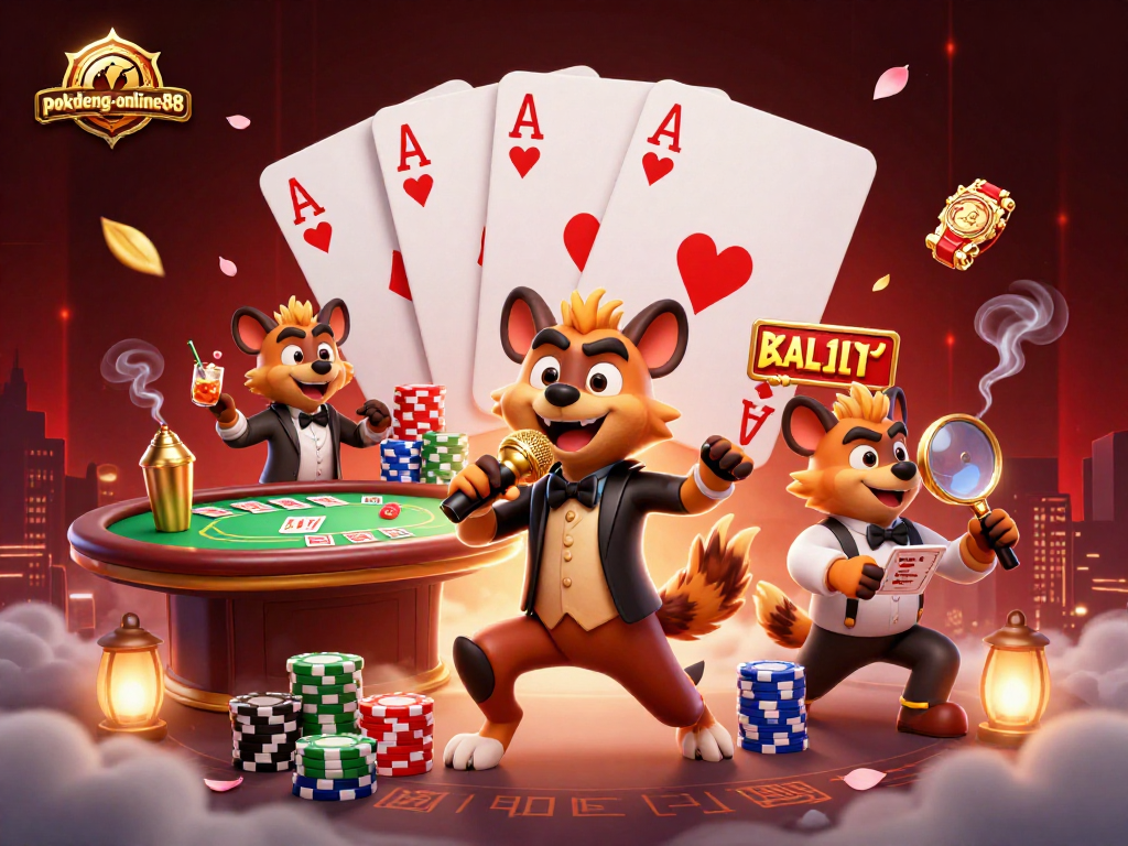 Experience the excitement of pokdeng-online88 at a vibrant comedy casino club featuring hyenas performing and playing poker.