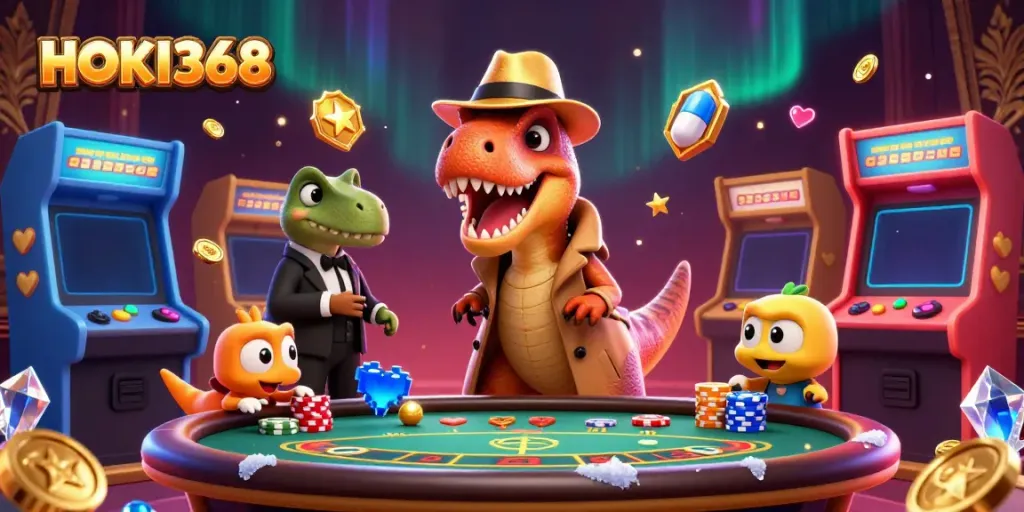HOKI368 velociraptor card counter at a blackjack table surrounded by vibrant casino elements.