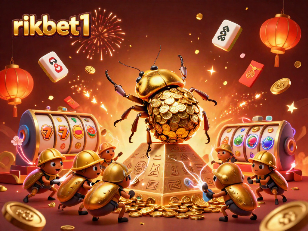 Experience the excitement of rikbet1 with a vibrant casino illustration featuring golden beetles and rich game symbols.