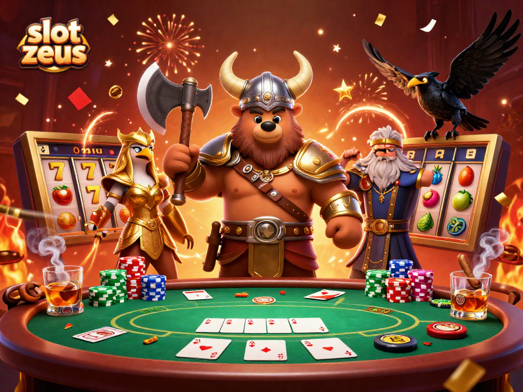 Permainan slot zeus yang menggembirakan dengan karakter kartun 3D dalam suasana kasino yang meriah.
