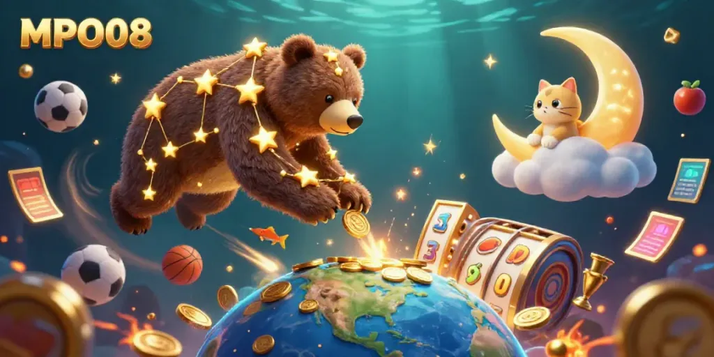 MPO08 presents a vibrant 3D illustration of a spirited gaming scene with slots and dynamic elements.