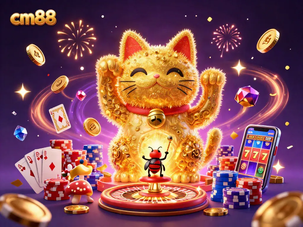 Experience the excitement at cm88 with a dazzling display of casino elements and a golden lucky cat illustration.