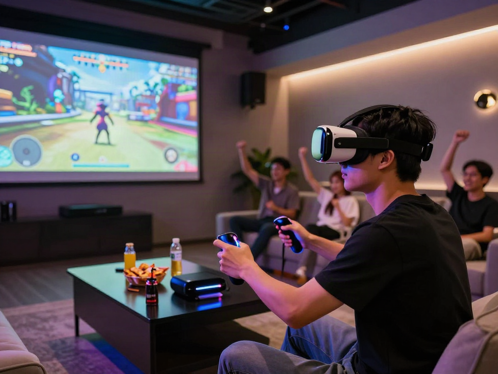 The immersive porn game experience in a modern gaming lounge with a player in VR headset.