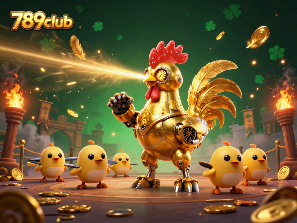 Spin and win with 789club’s golden rooster robot amidst dynamic casino-themed elements.