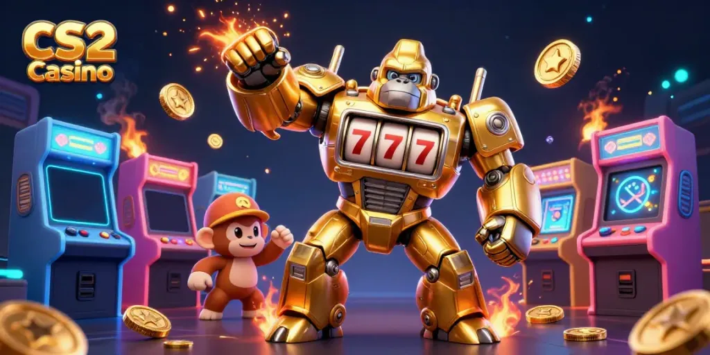 Experience the excitement of CS2 Casino with a golden gorilla mech and vibrant arcade elements.