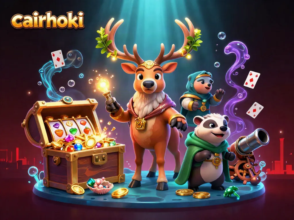 Permainan cairhoki dengan simbol slot dan karakter 3D dalam ilustrasi yang memikat.