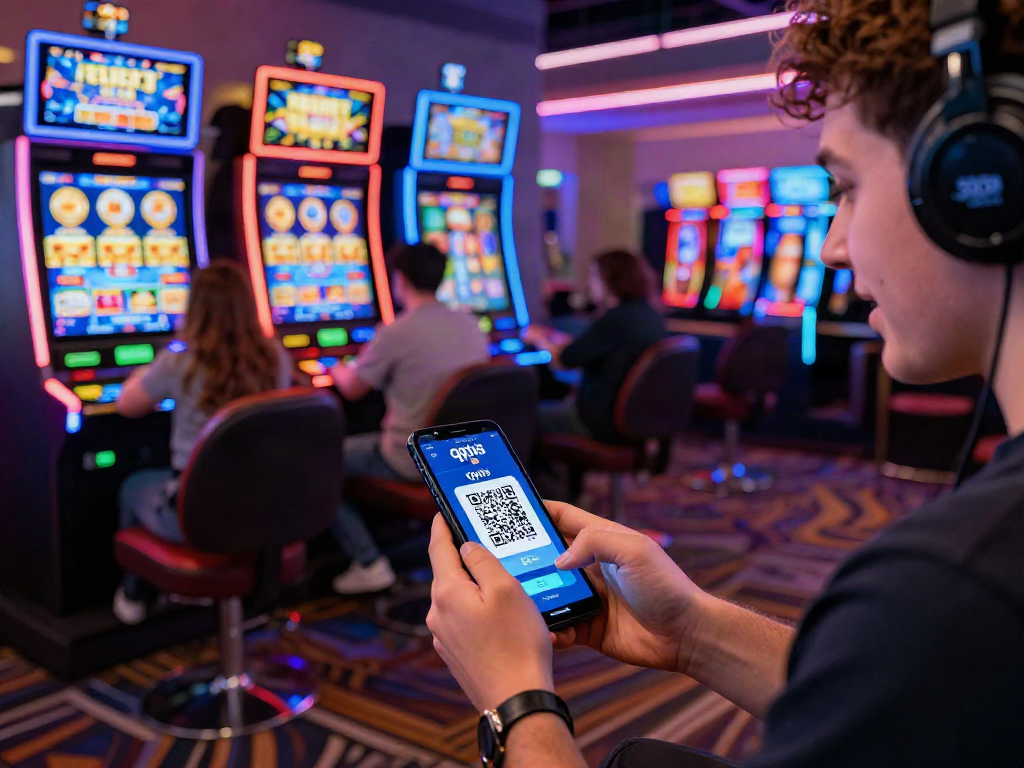 Engaged player depositing via slot qris at vibrant online casino, showcasing digital excitement.