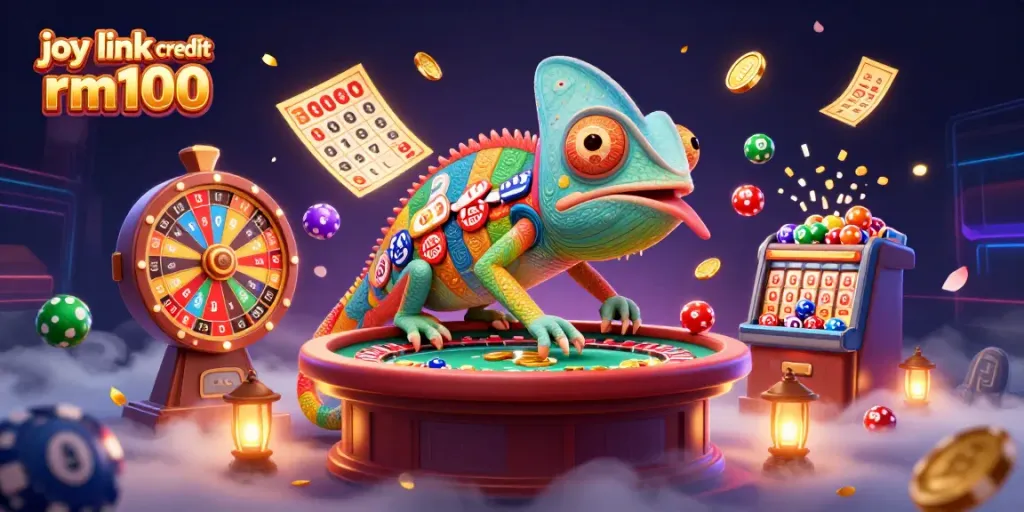 Win exciting prizes with joy link free credit rm100 featuring a dynamic illustration of an animated casino scene.