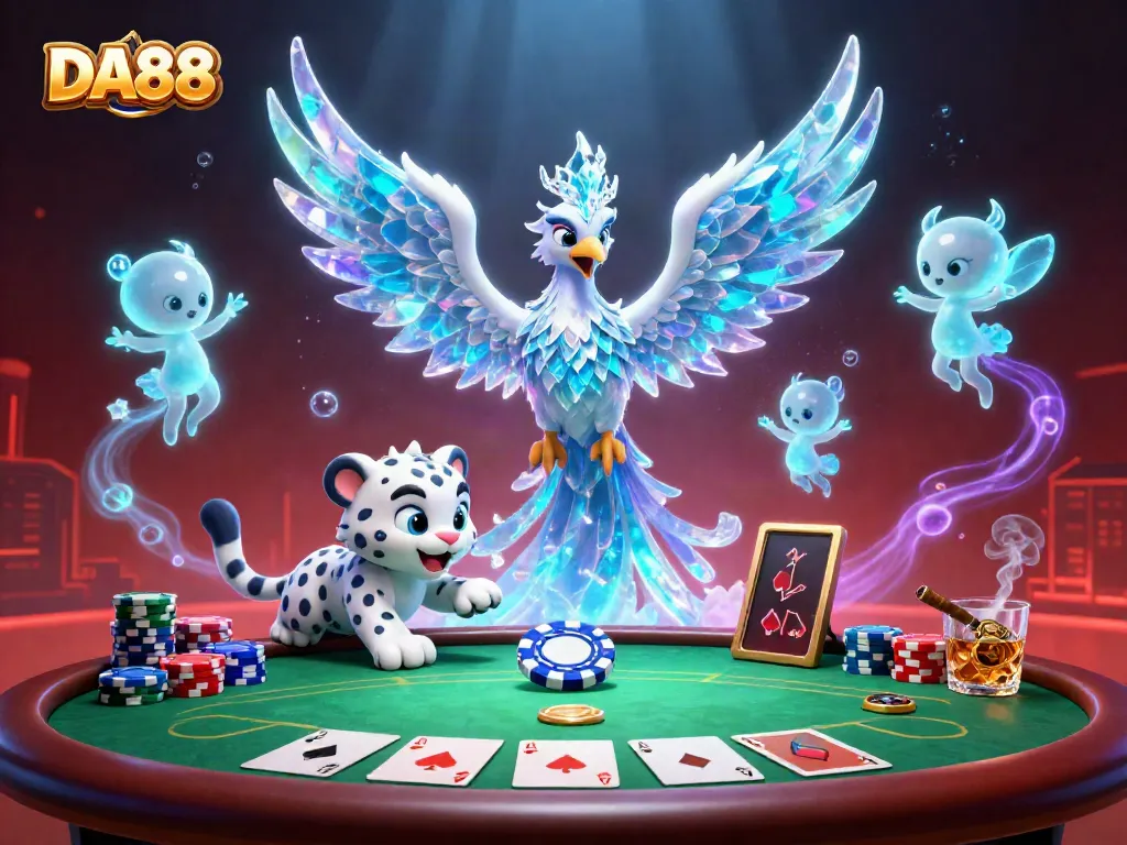 Experience thrilling gameplay with DA88 as a mystical ice phoenix and snow leopard unite at a vibrant poker table.