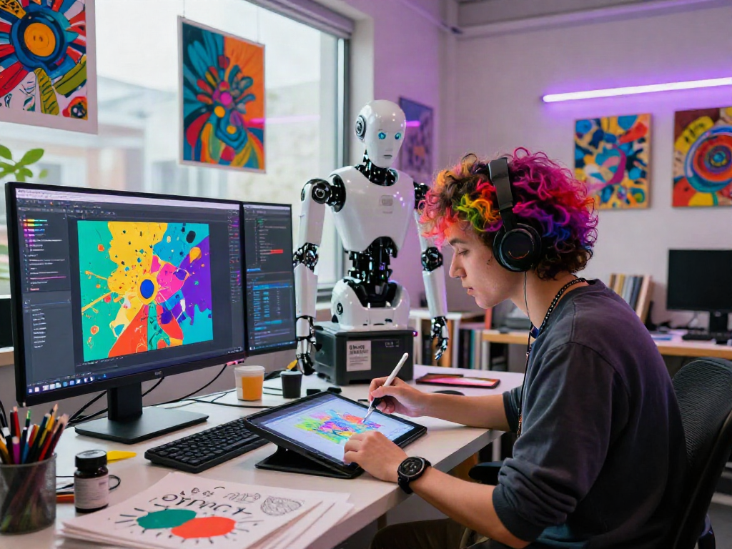 AI porn generator in a vibrant digital art studio, artist collaborating with humanoid robot.