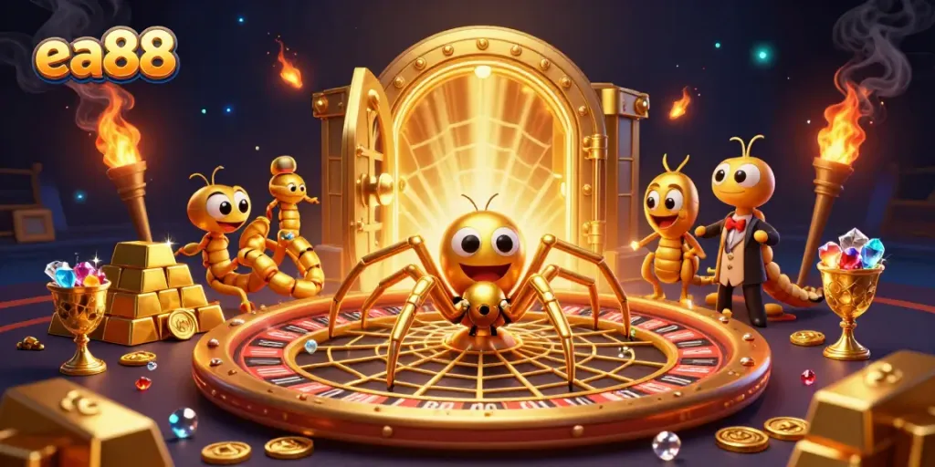 Cảnh tượng chơi game đầy sắc màu với biểu tượng ea88 và một con nhện vàng đặc sắc.