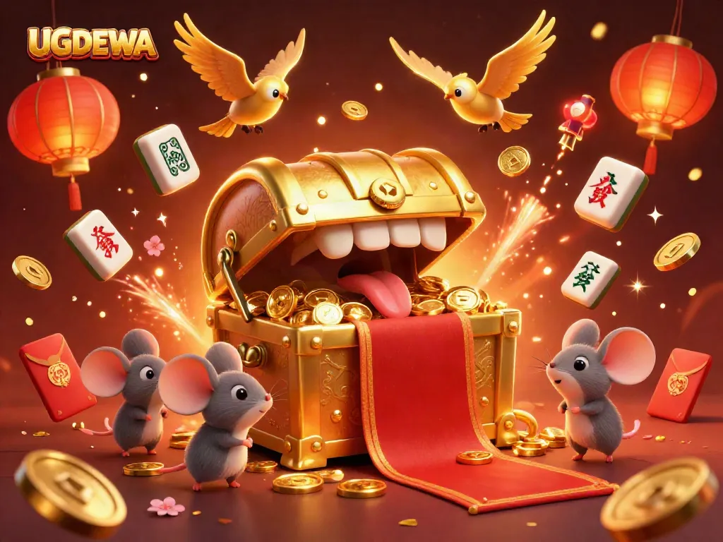 Experience the magic of UGDEWA with a treasure chest and mice surrounded by casino elements and festive decorations.